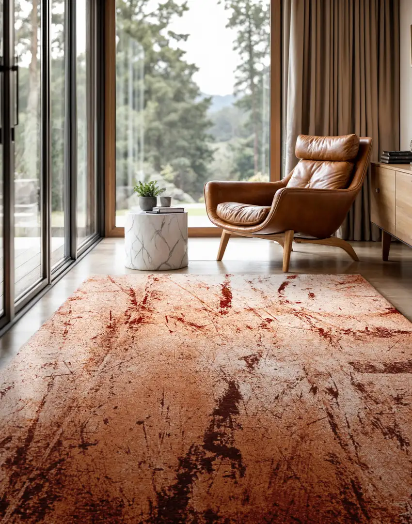 Orange Brown And White Abstract Washable Area Rug With UV Protection Photo 3