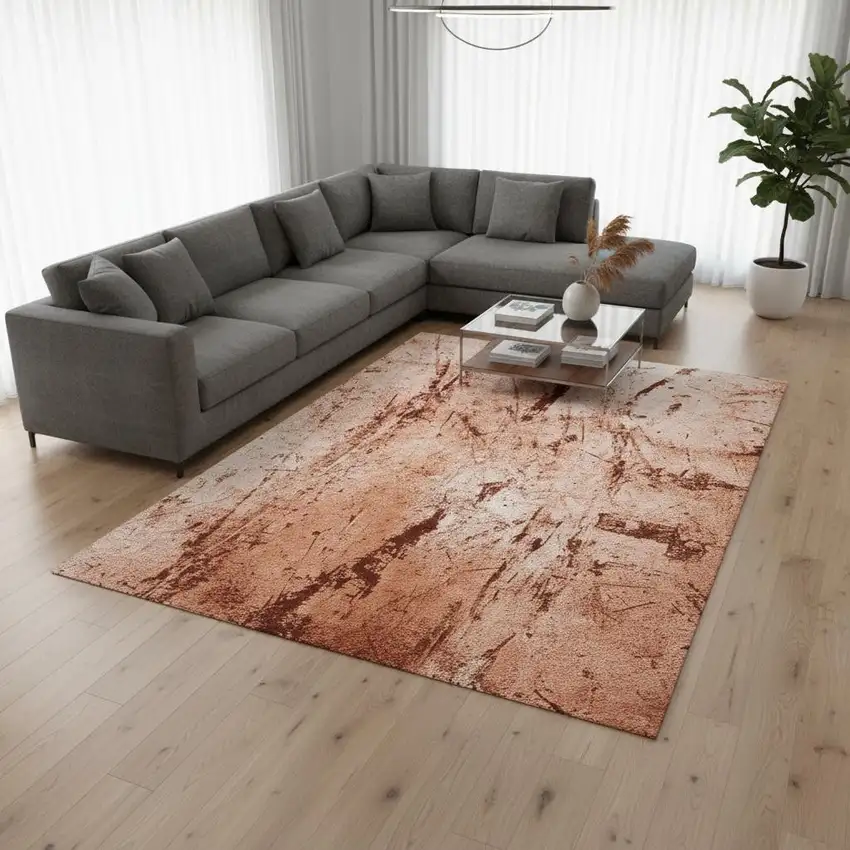 Orange Brown And White Abstract Washable Area Rug With UV Protection Photo 1