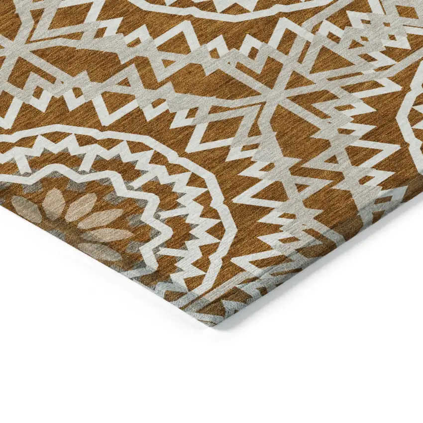 Orange Copper And Beige Floral Medallion Washable Indoor Outdoor Area Rug Photo 4