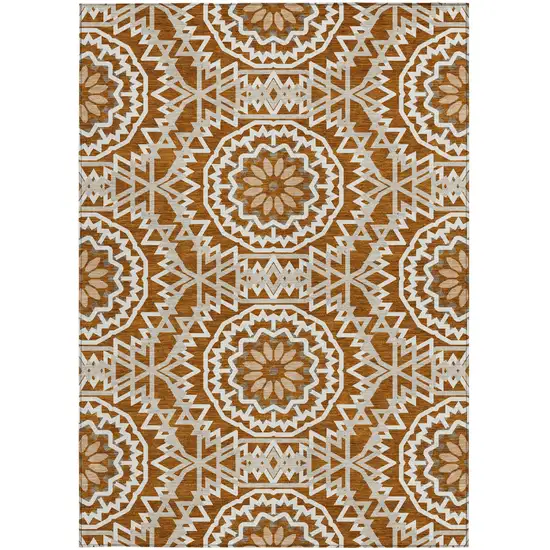 Orange Copper And Beige Floral Medallion Washable Indoor Outdoor Area Rug Photo 6