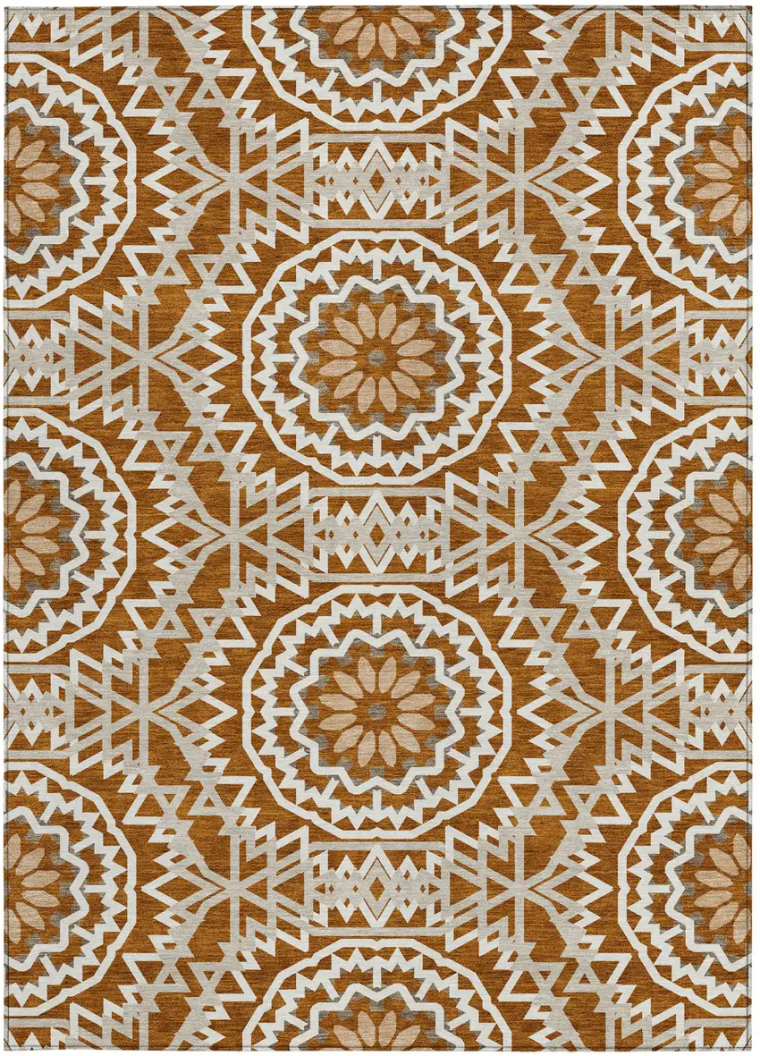 Orange Copper And Beige Floral Medallion Washable Indoor Outdoor Area Rug Photo 6