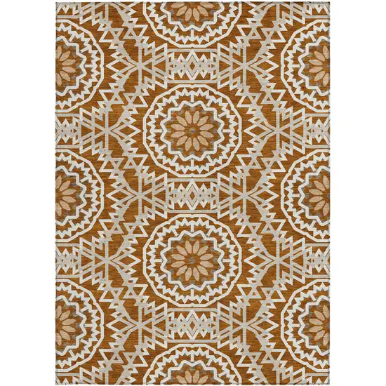 Orange Copper And Beige Floral Medallion Washable Indoor Outdoor Area Rug Photo 6