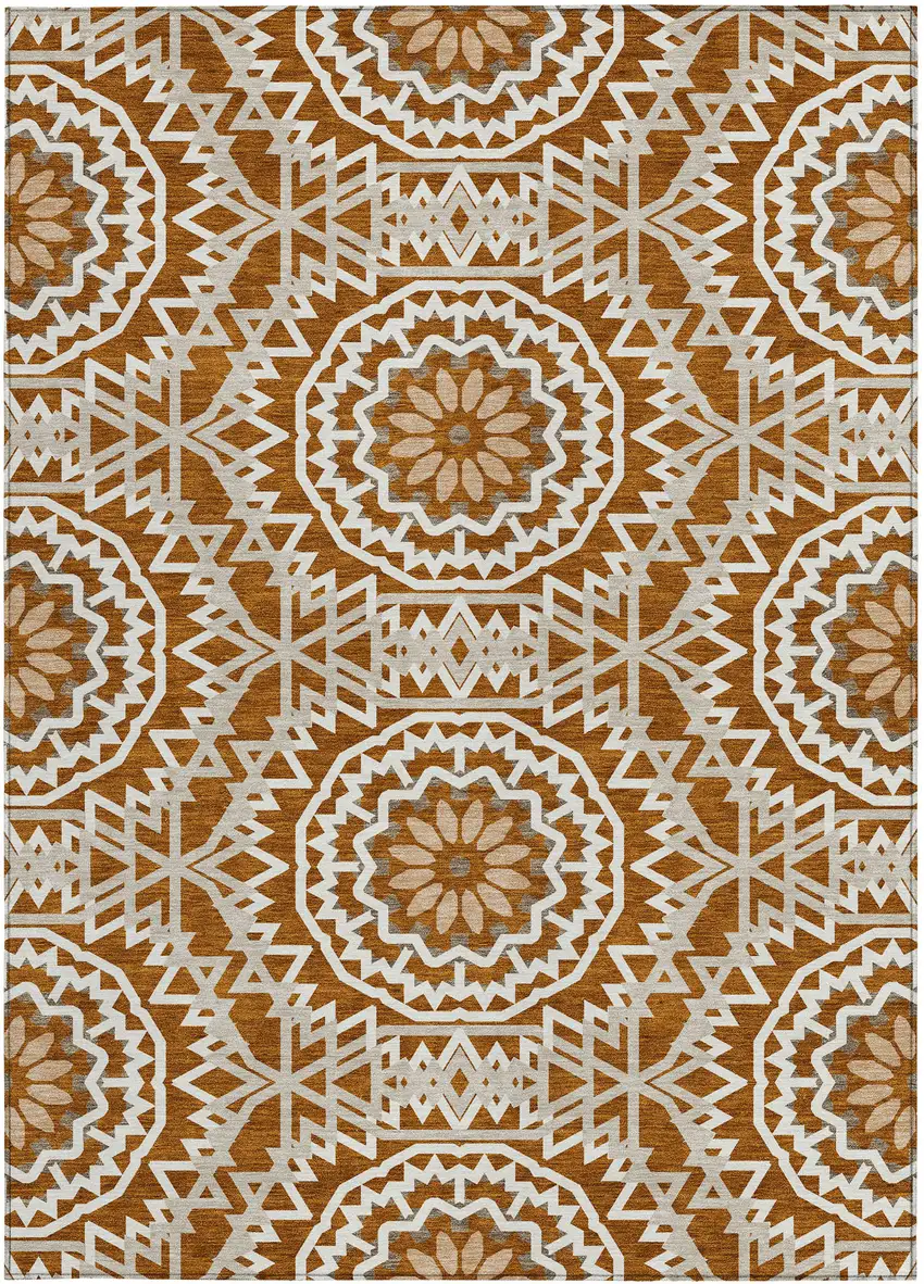 Orange Copper And Beige Floral Medallion Washable Indoor Outdoor Area Rug Photo 6