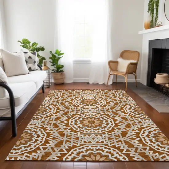Orange Copper And Beige Floral Medallion Washable Indoor Outdoor Area Rug Photo 9