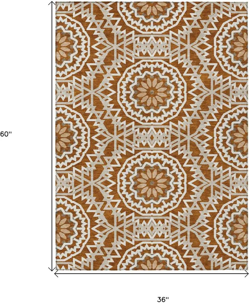 Orange Copper And Beige Floral Medallion Washable Indoor Outdoor Area Rug Photo 3