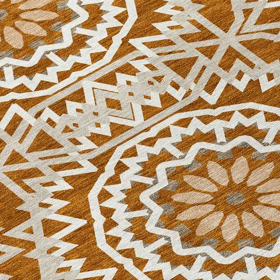 Orange Copper And Beige Floral Medallion Washable Indoor Outdoor Area Rug Photo 5