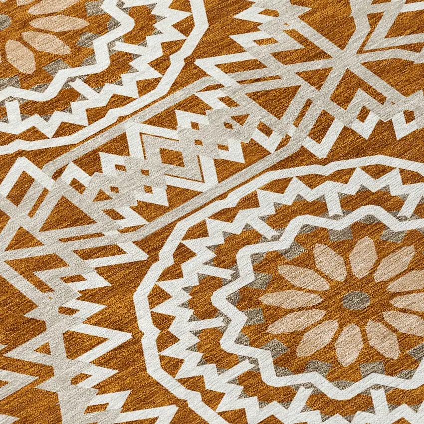 Orange Copper And Beige Floral Medallion Washable Indoor Outdoor Area Rug Photo 5