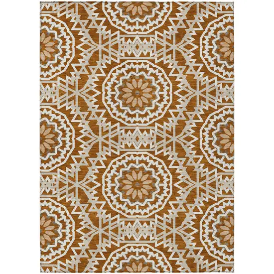 Orange Copper And Beige Floral Medallion Washable Indoor Outdoor Area Rug Photo 2