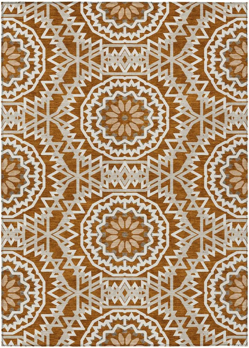 Orange Copper And Beige Floral Medallion Washable Indoor Outdoor Area Rug Photo 2