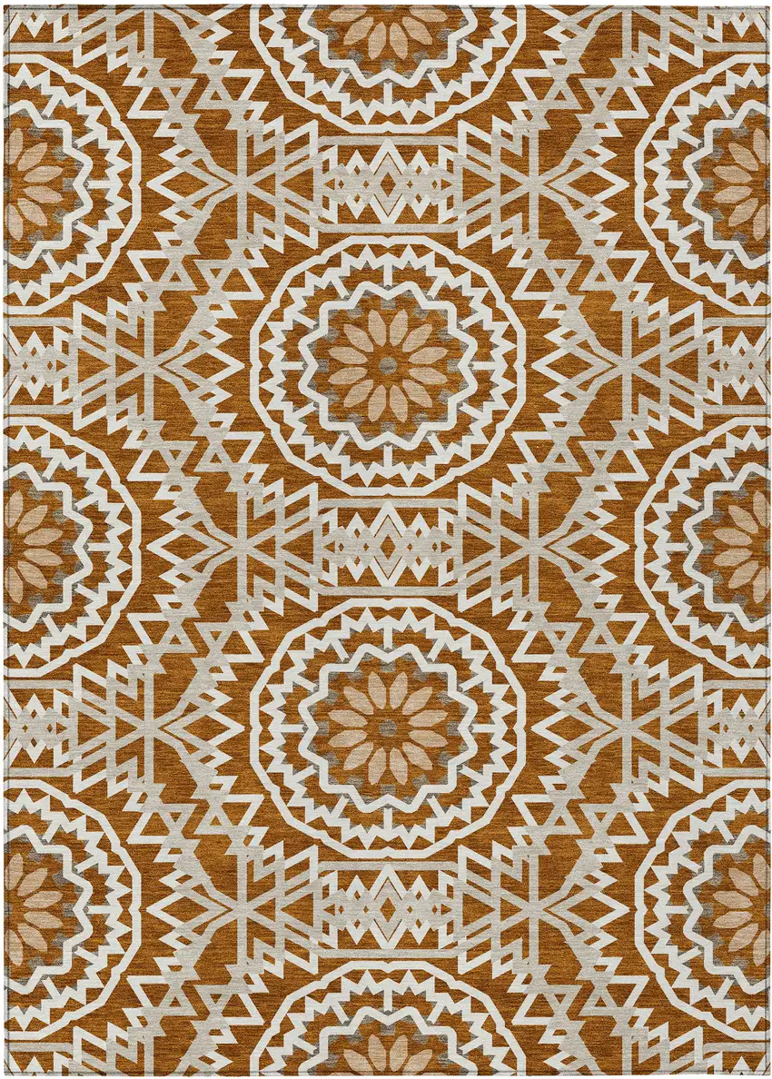 Orange Copper And Beige Floral Medallion Washable Indoor Outdoor Area Rug Photo 2