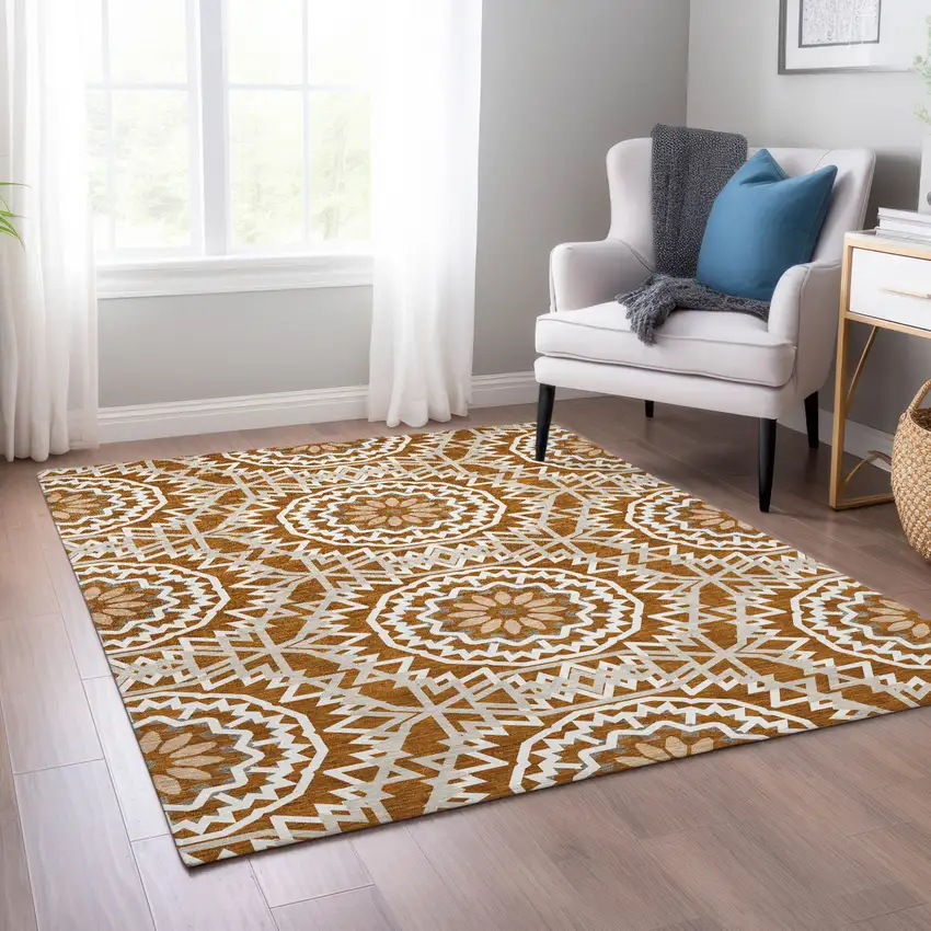 Orange Copper And Beige Floral Medallion Washable Indoor Outdoor Area Rug Photo 8