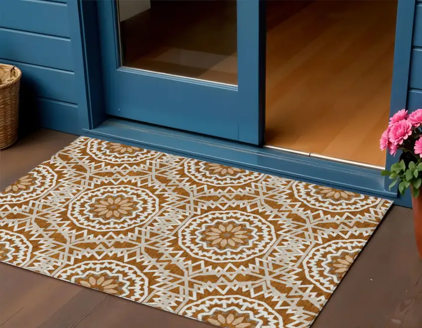 Orange Copper And Beige Floral Medallion Washable Indoor Outdoor Area Rug Photo 1