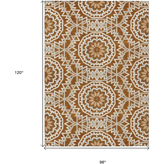 Orange Copper And Beige Floral Medallion Washable Indoor Outdoor Area Rug Photo 3