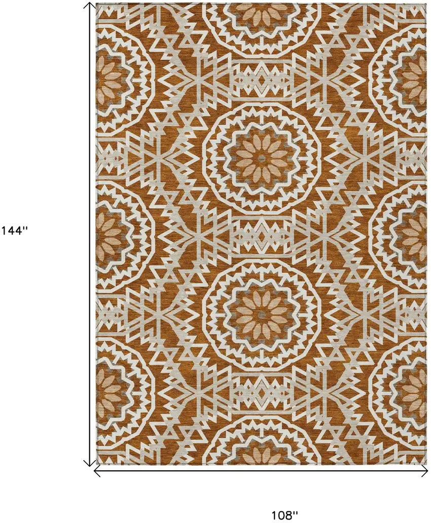 Orange Copper And Beige Floral Medallion Washable Indoor Outdoor Area Rug Photo 3