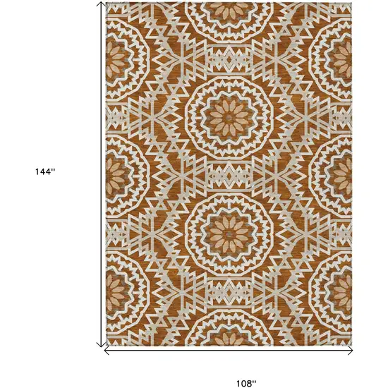 Orange Copper And Beige Floral Medallion Washable Indoor Outdoor Area Rug Photo 3