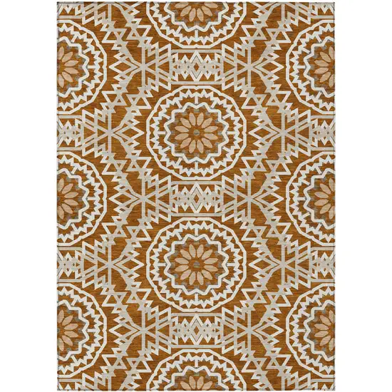 Orange Copper And Beige Floral Medallion Washable Indoor Outdoor Area Rug Photo 2
