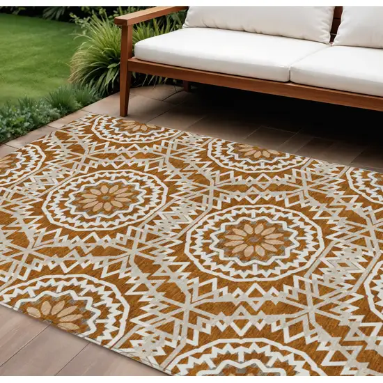 Orange Copper And Beige Floral Medallion Washable Indoor Outdoor Area Rug Photo 1