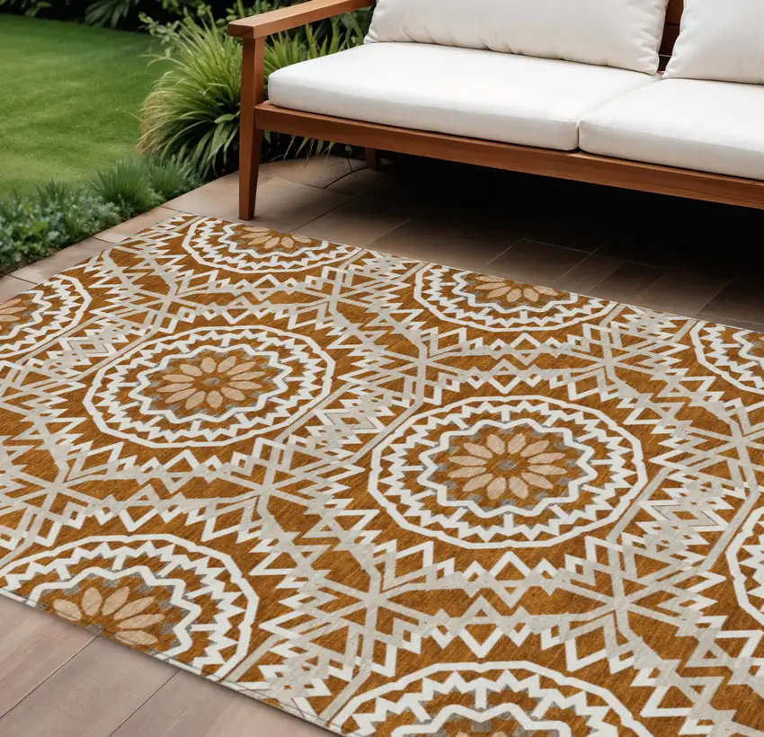 Orange Copper And Beige Floral Medallion Washable Indoor Outdoor Area Rug Photo 1