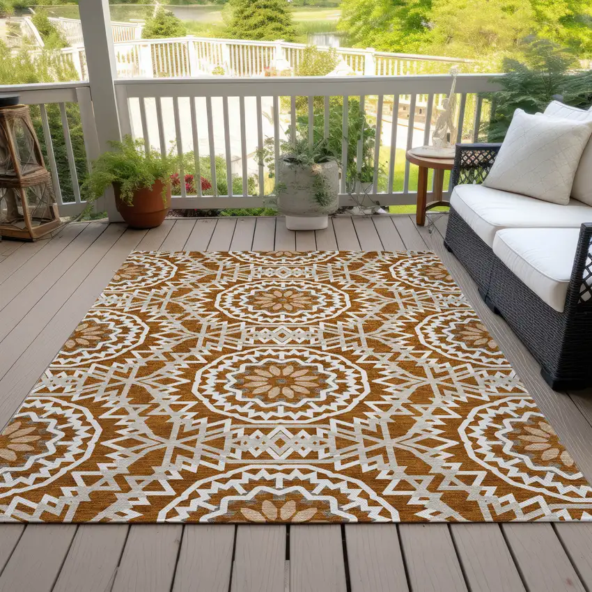 Orange Copper And Beige Floral Medallion Washable Indoor Outdoor Area Rug Photo 9