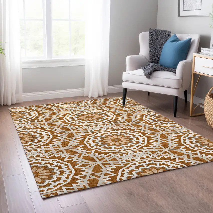 Orange Copper And Beige Floral Medallion Washable Indoor Outdoor Area Rug Photo 8