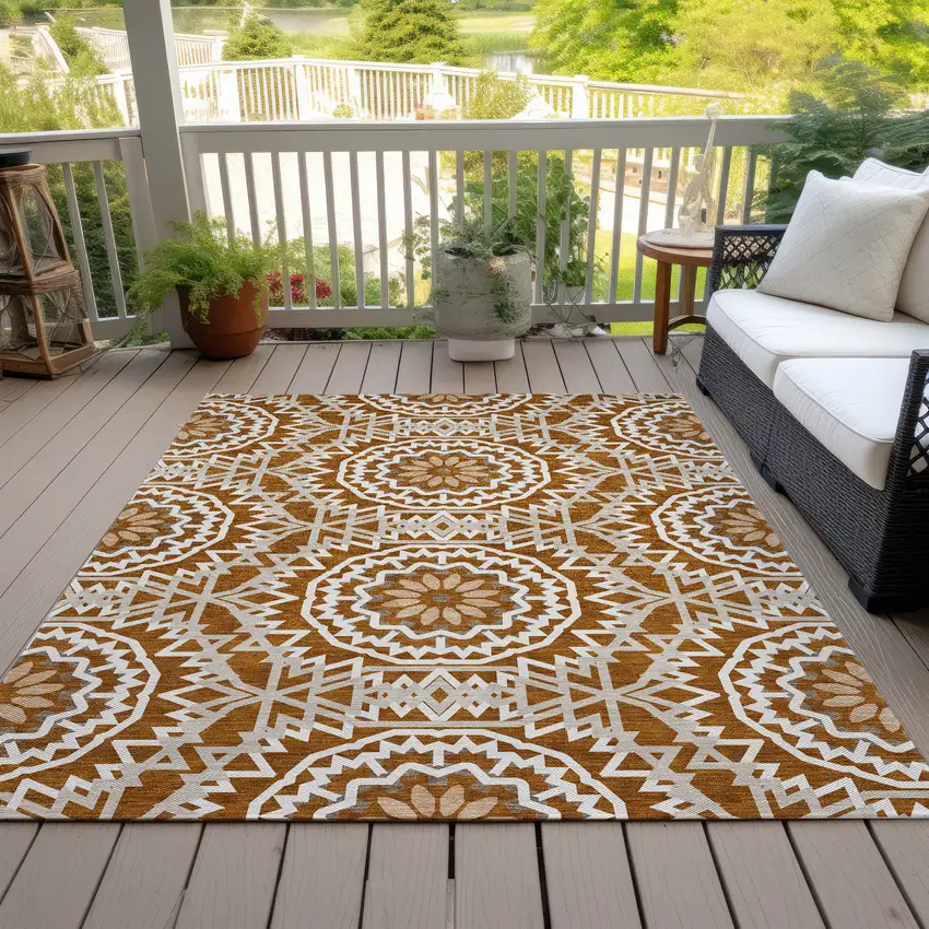 Orange Copper And Beige Floral Medallion Washable Indoor Outdoor Area Rug Photo 7