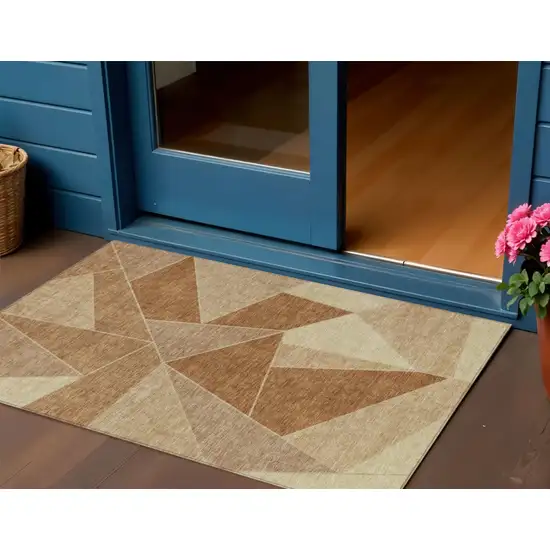 Orange Copper And Beige Geometric Washable Indoor Outdoor Area Rug Photo 1
