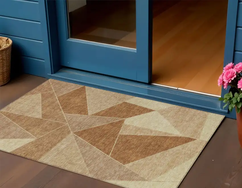 Orange Copper And Beige Geometric Washable Indoor Outdoor Area Rug Photo 1