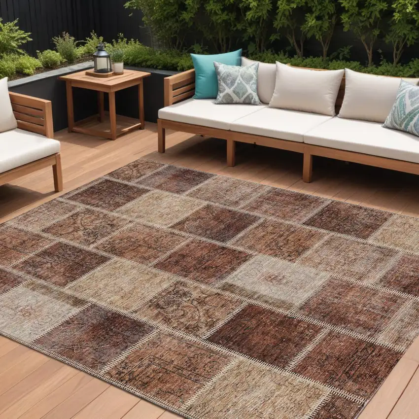 Orange Copper And Beige Patchwork Washable Indoor Outdoor Area Rug Photo 1