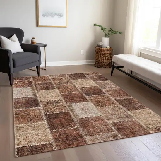 Orange Copper And Beige Patchwork Washable Indoor Outdoor Area Rug Photo 8
