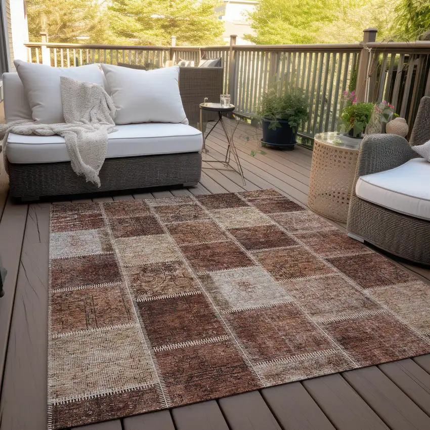 Orange Copper And Beige Patchwork Washable Indoor Outdoor Area Rug Photo 8