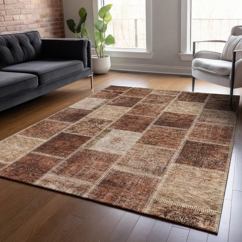Orange Copper And Beige Patchwork Washable Indoor Outdoor Area Rug Photo 9