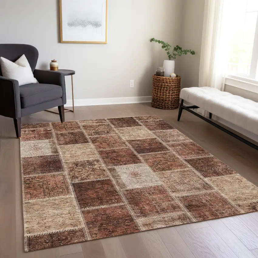 Orange Copper And Beige Patchwork Washable Indoor Outdoor Area Rug Photo 8