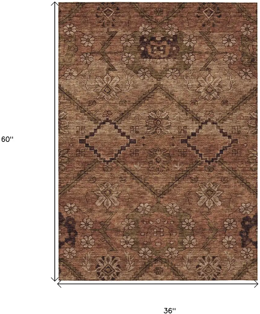 Orange Copper And Brown Floral Washable Indoor Outdoor Area Rug Photo 3