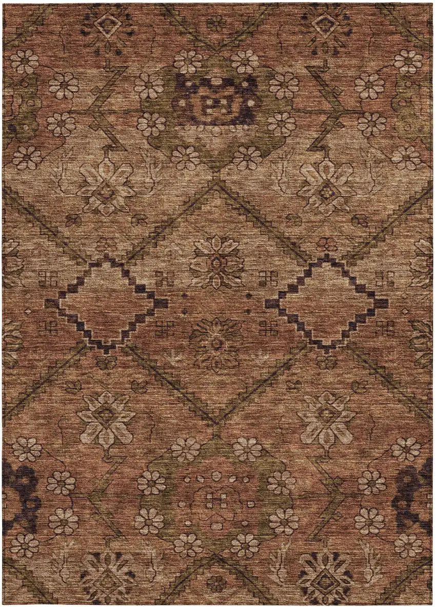 Orange Copper And Brown Floral Washable Indoor Outdoor Area Rug Photo 7