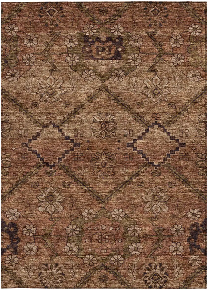 Orange Copper And Brown Floral Washable Indoor Outdoor Area Rug Photo 7