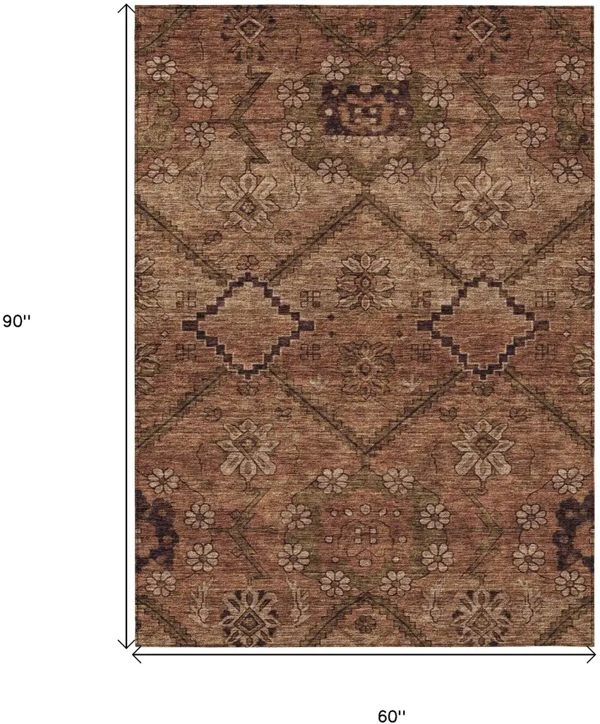 Orange Copper And Brown Floral Washable Indoor Outdoor Area Rug Photo 3