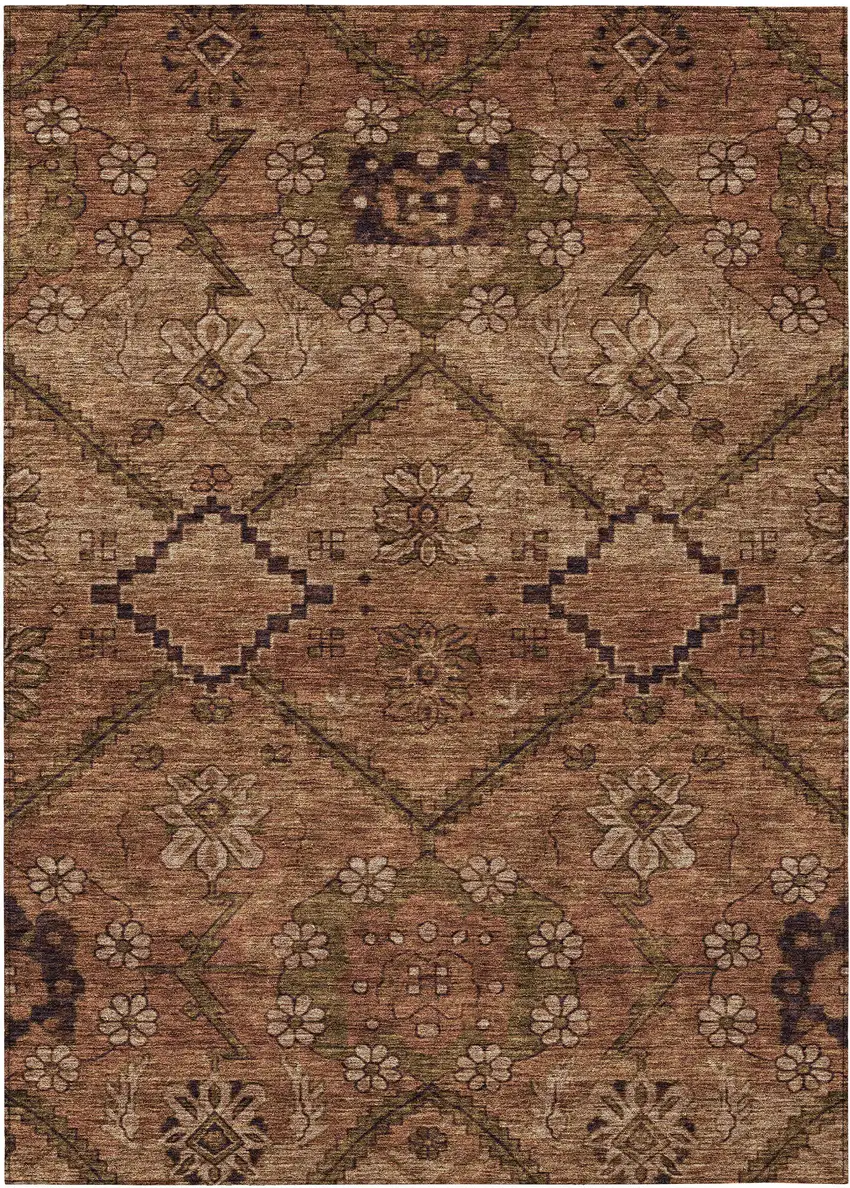 Orange Copper And Brown Floral Washable Indoor Outdoor Area Rug Photo 2