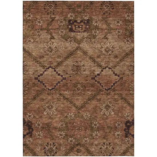 Orange Copper And Brown Floral Washable Indoor Outdoor Area Rug Photo 2