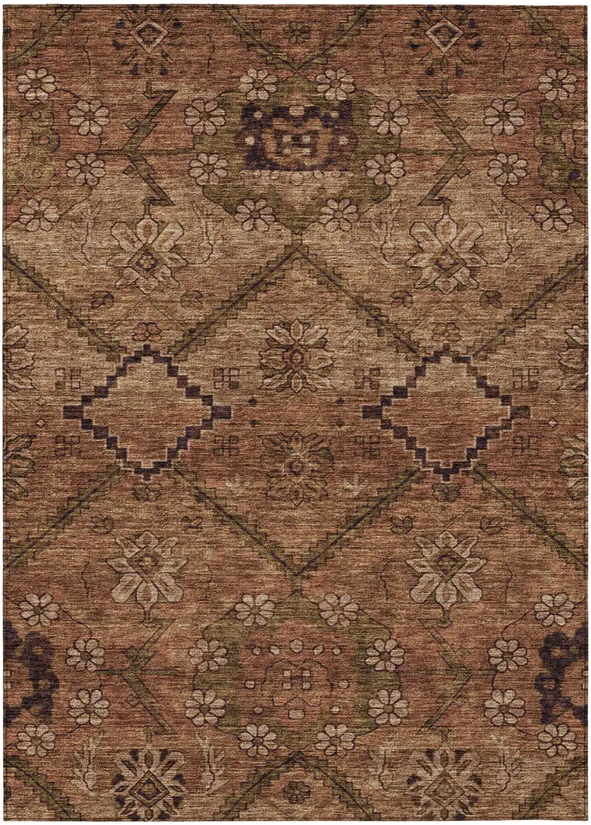Orange Copper And Brown Floral Washable Indoor Outdoor Area Rug Photo 2