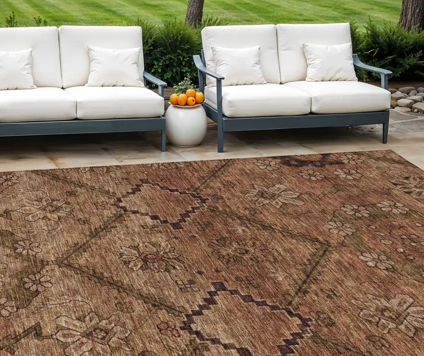 Orange Copper And Brown Floral Washable Indoor Outdoor Area Rug Photo 1