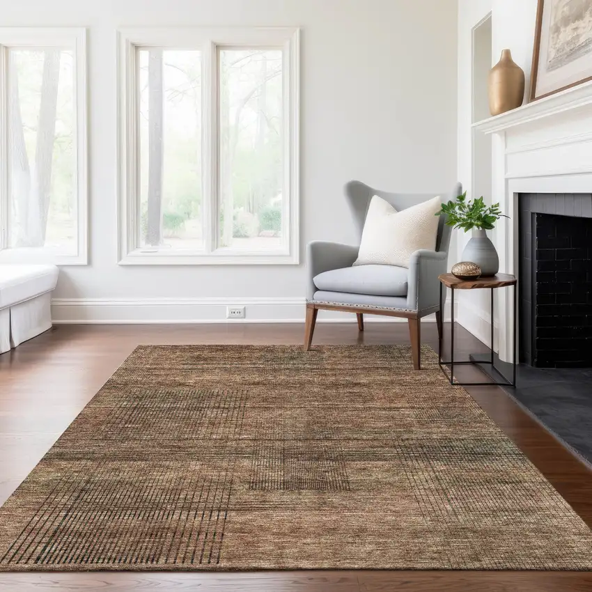 Orange Copper And Brown Striped Washable Indoor Outdoor Area Rug Photo 9