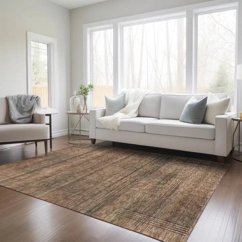 Orange Copper And Brown Striped Washable Indoor Outdoor Area Rug Photo 9