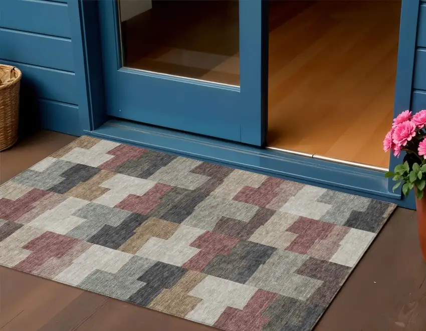 Orange Copper And Charcoal Geometric Washable Indoor Outdoor Area Rug Photo 1