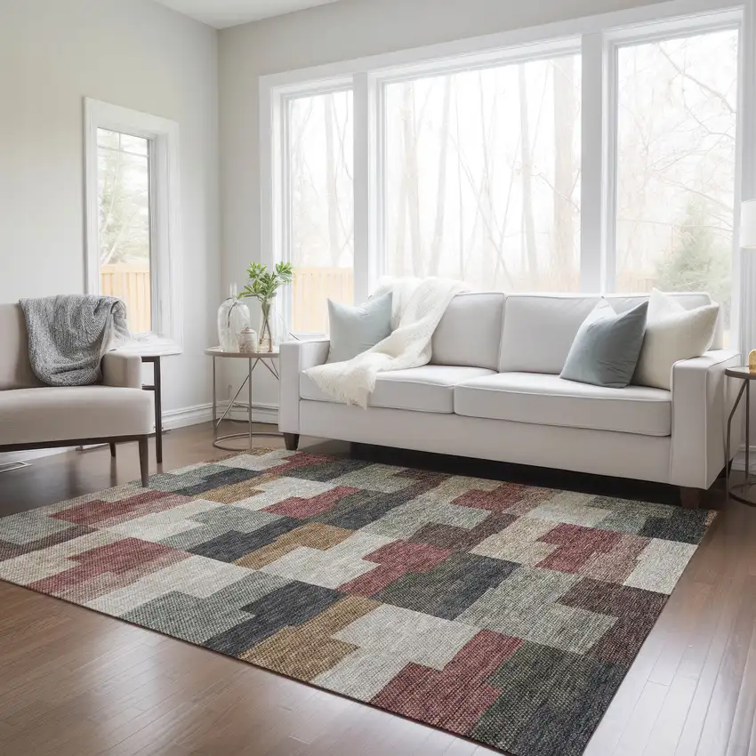 Orange Copper And Charcoal Geometric Washable Indoor Outdoor Area Rug Photo 9