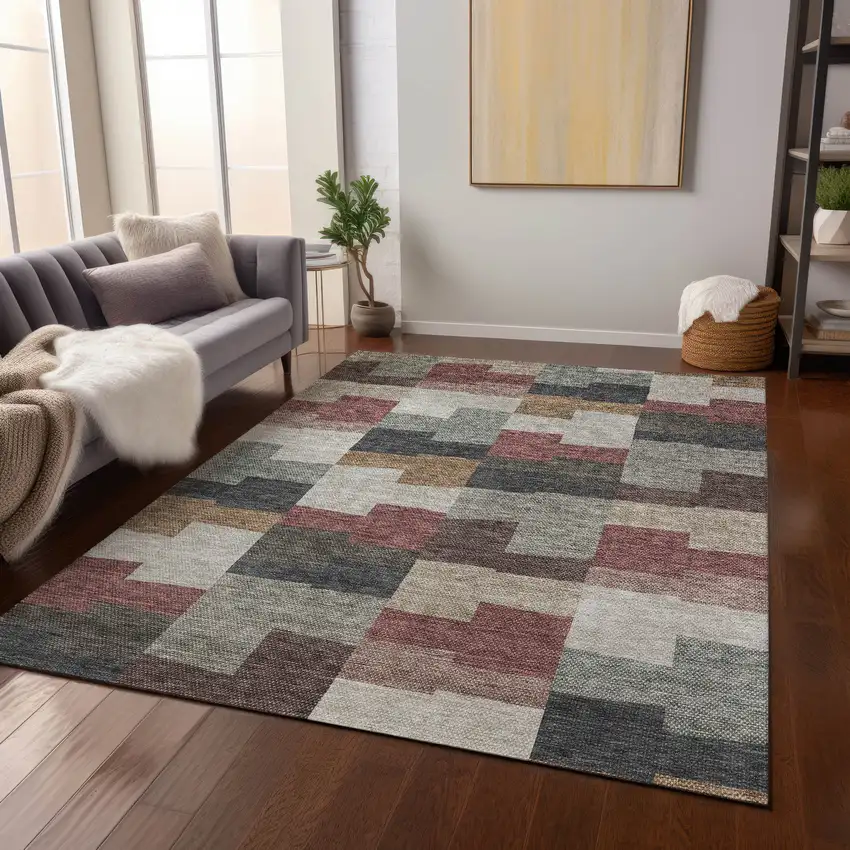 Orange Copper And Charcoal Geometric Washable Indoor Outdoor Area Rug Photo 7