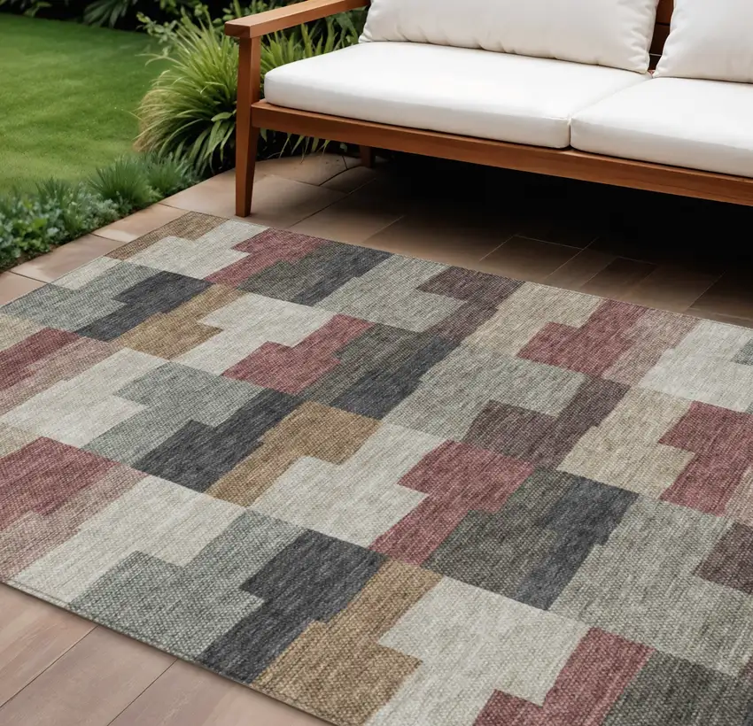 Orange Copper And Charcoal Geometric Washable Indoor Outdoor Area Rug Photo 1