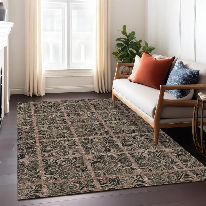 Orange Copper And Charcoal Medallion Washable Indoor Outdoor Area Rug Photo 9