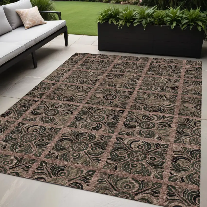 Orange Copper And Charcoal Medallion Washable Indoor Outdoor Area Rug Photo 1