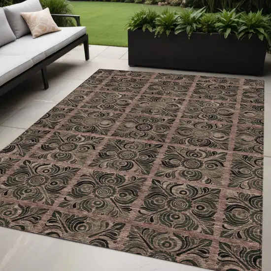 Orange Copper And Charcoal Medallion Washable Indoor Outdoor Area Rug Photo 1