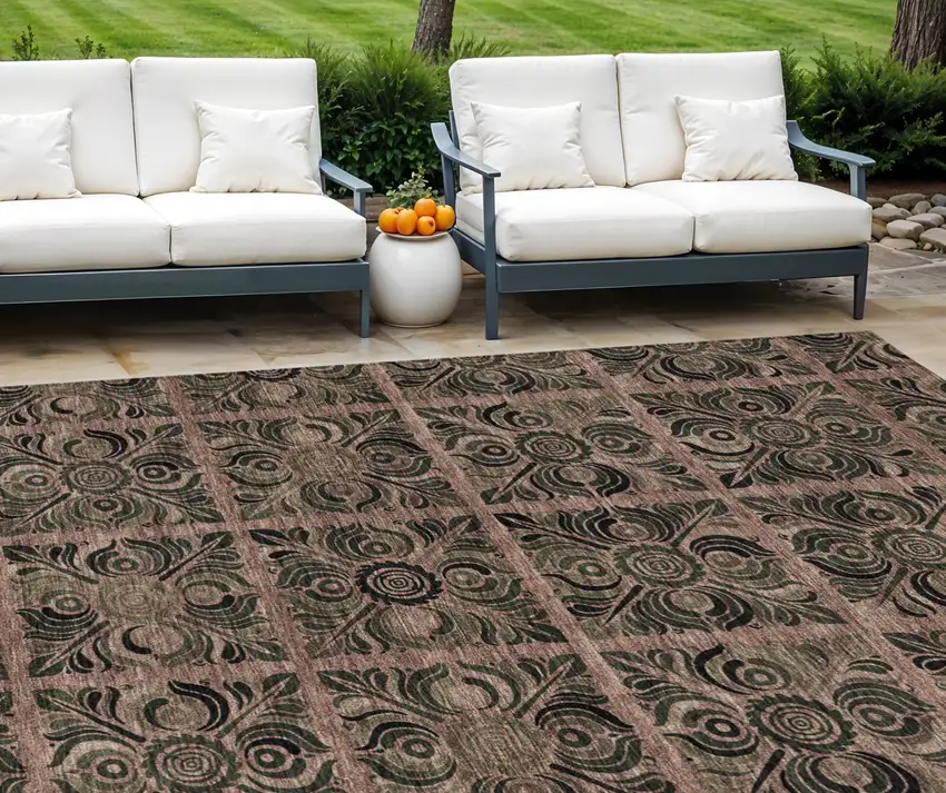 Orange Copper And Charcoal Medallion Washable Indoor Outdoor Area Rug Photo 1